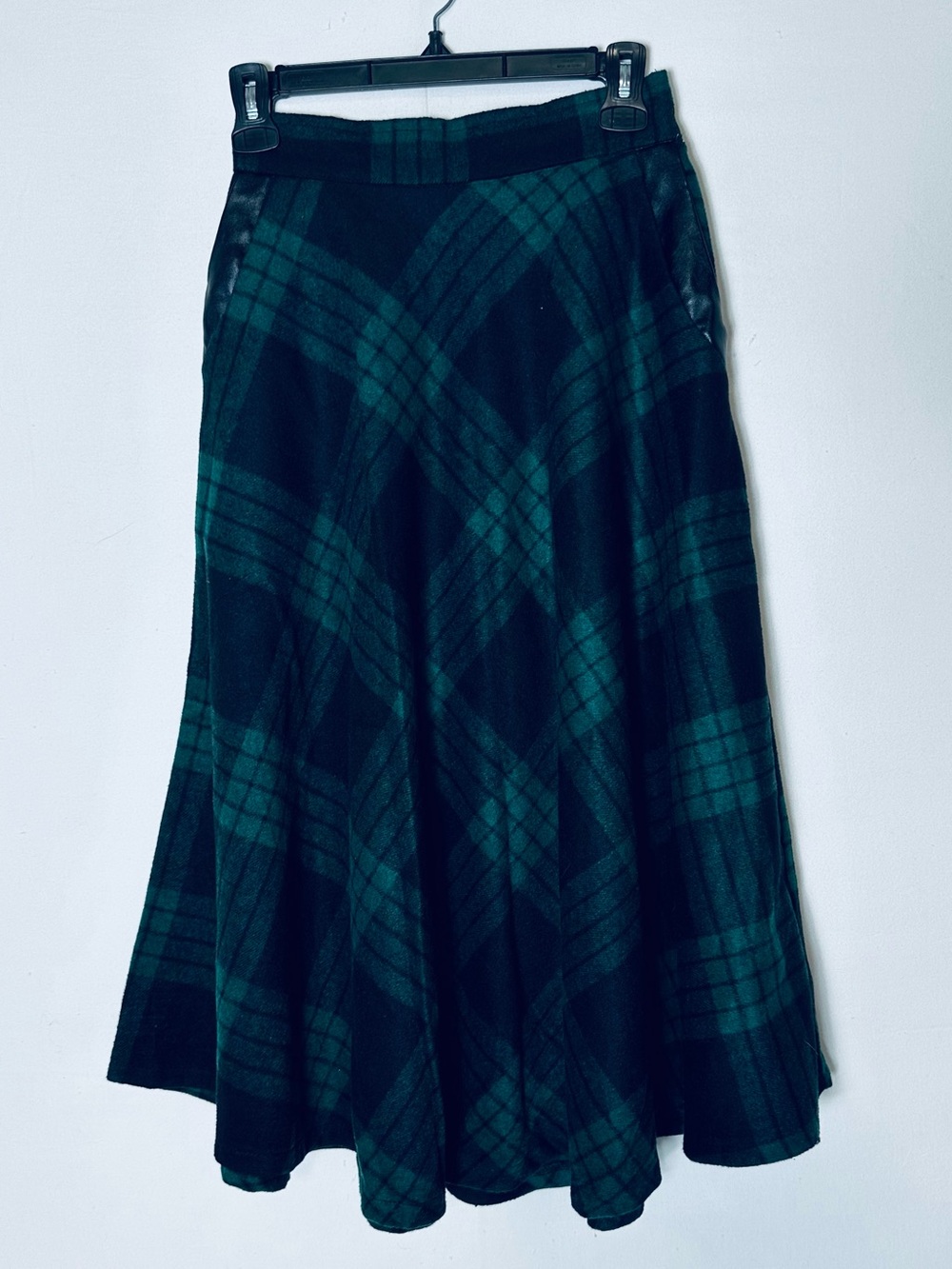 Geilihamai Green Plaid Midi Skirt M Leather Pocket Trim Dark Academia Grunge